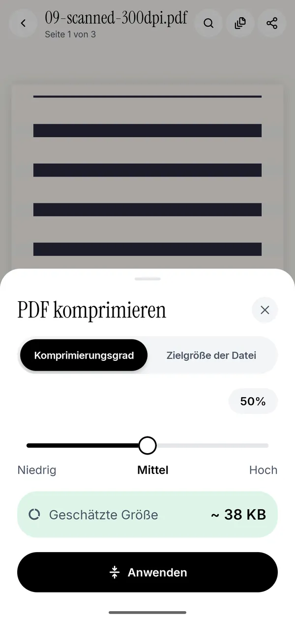 Das Fenster „PDF komprimieren“ in Kyneto PDF mit Komprimierungsgrad und geschätzter Dateigröße