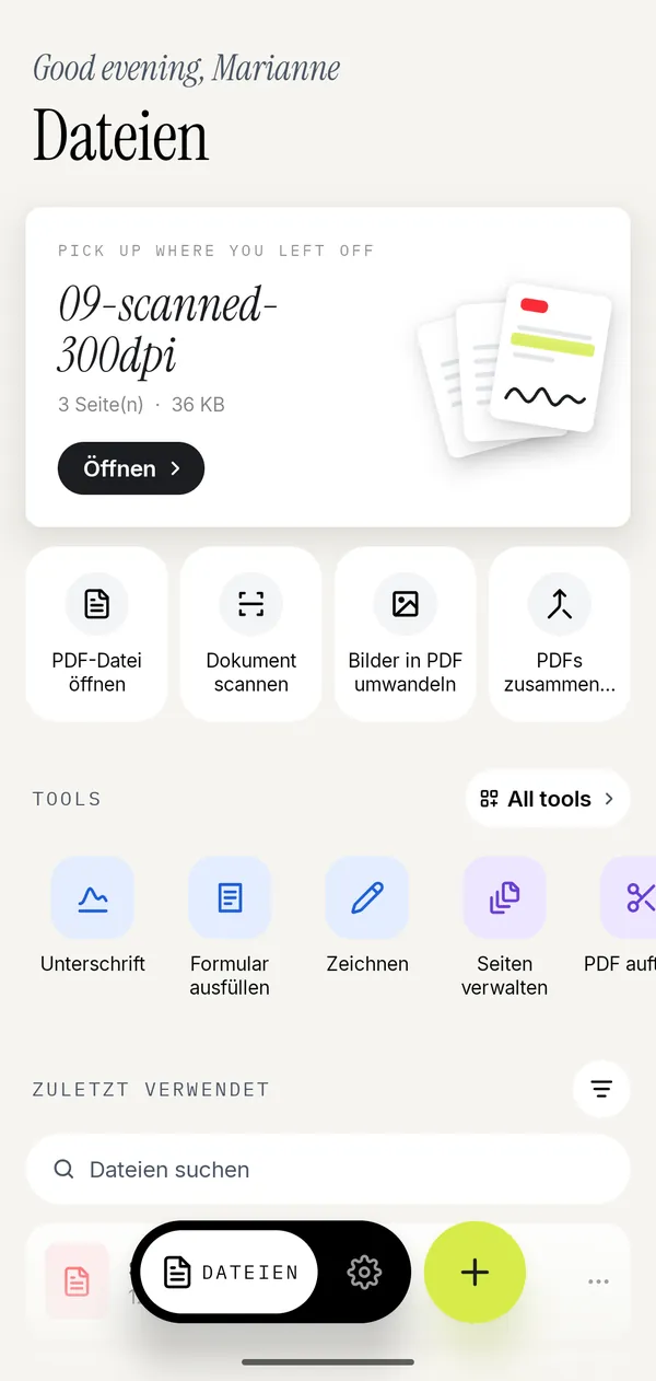 Startbildschirm von Kyneto PDF mit zuletzt geöffneten PDFs und den Aktionen Zusammenfügen, Scannen und Bilder in PDF