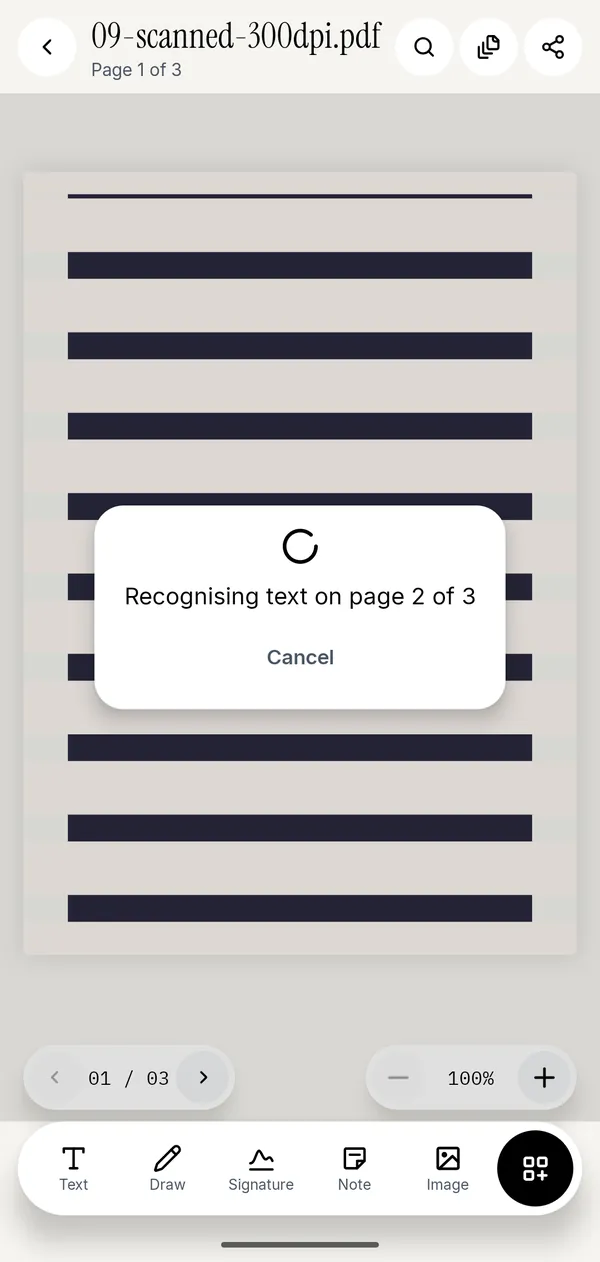 The Make Searchable (OCR) tool in Kyneto PDF adding a text layer to a scanned document