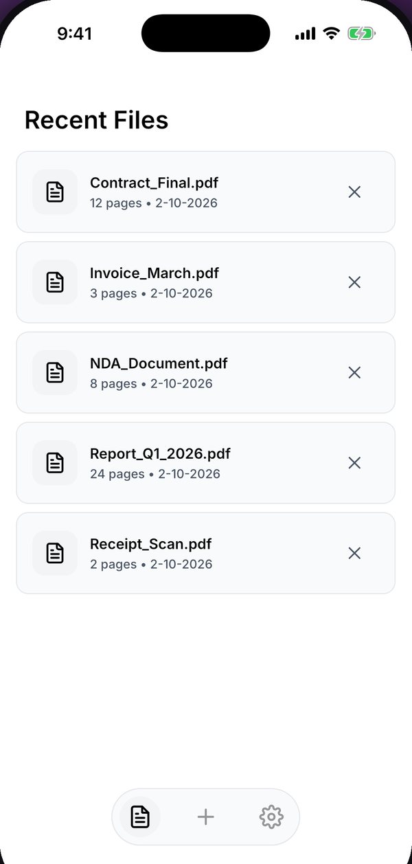 Kyneto PDF showing a list of recent PDF files on a phone